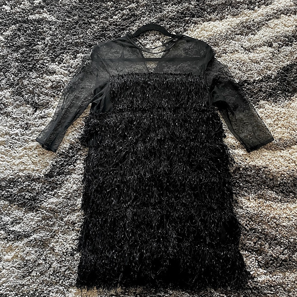 Zara Basic Collection US XL Black Fringe Mini Dress with Three Quarter Sleeve